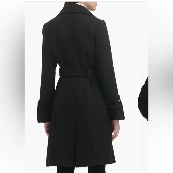 GUESS Black Belted Wool Coat with Gold Buttons - Picture 2 of 3